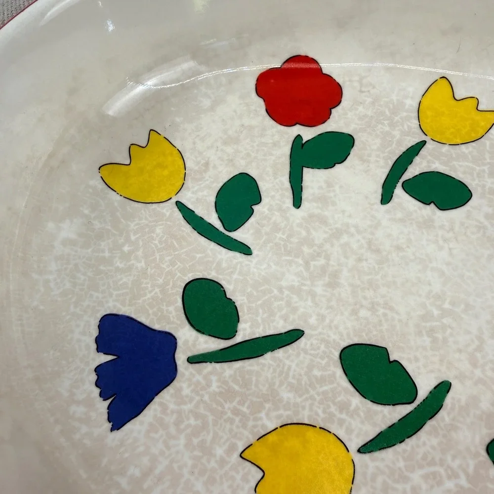 Vintage Tulip Pattern Baker‎ Set w/ Red & Yellow Wire Carriers MCM Pottery
